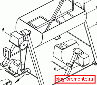 Samopostrežna izvedba z električnim pogonom: 1) zmogljivost; 2) polža; 3) nagibni vzvod; 4) okvir; 5) električni motor; 6) polžasto orodje; 7) vzmetenje; 8) omejevalnik